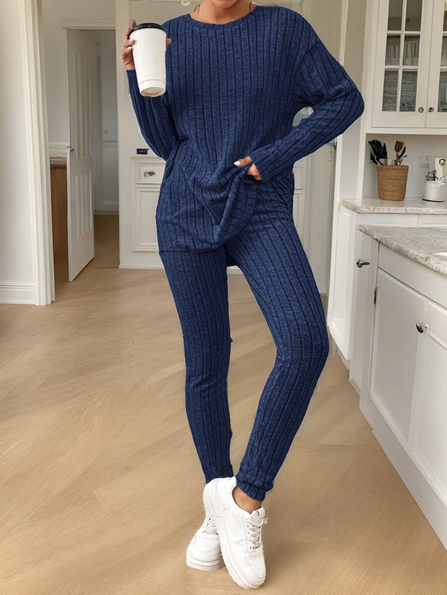 conjunto feminino canelado azul 2 peças manga longa e calça