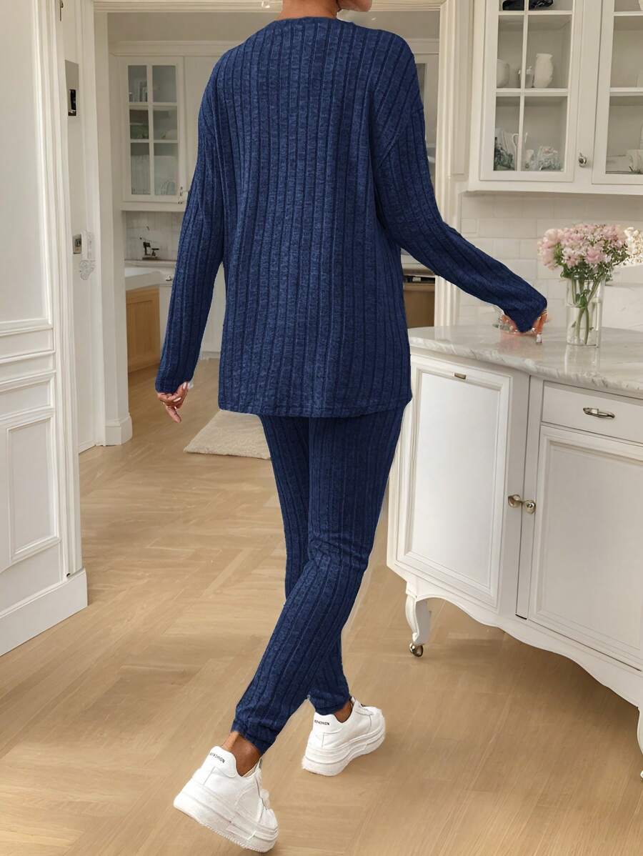 conjunto feminino canelado azul 2 peças manga longa e calça
