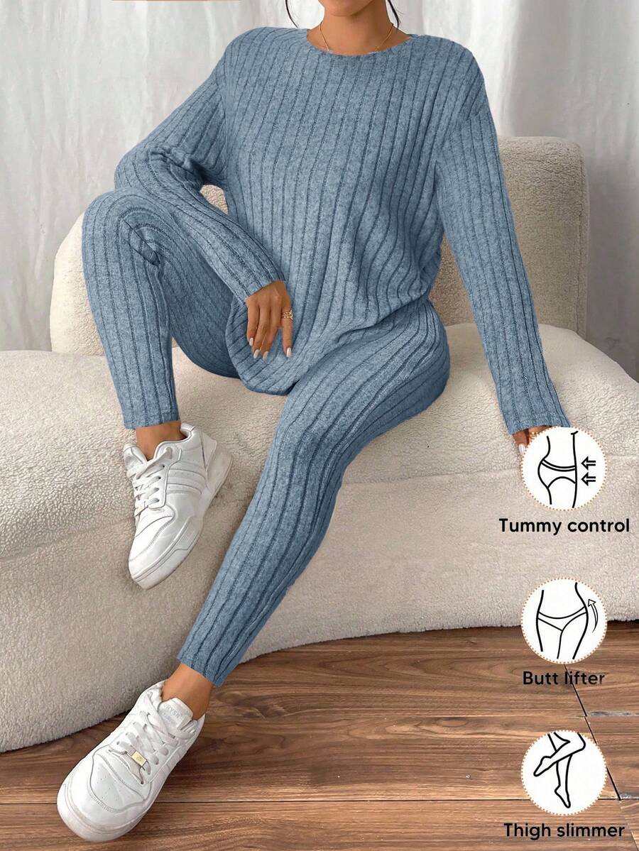 conjunto feminino canelado azul acizentado  2 peças manga longa e calça