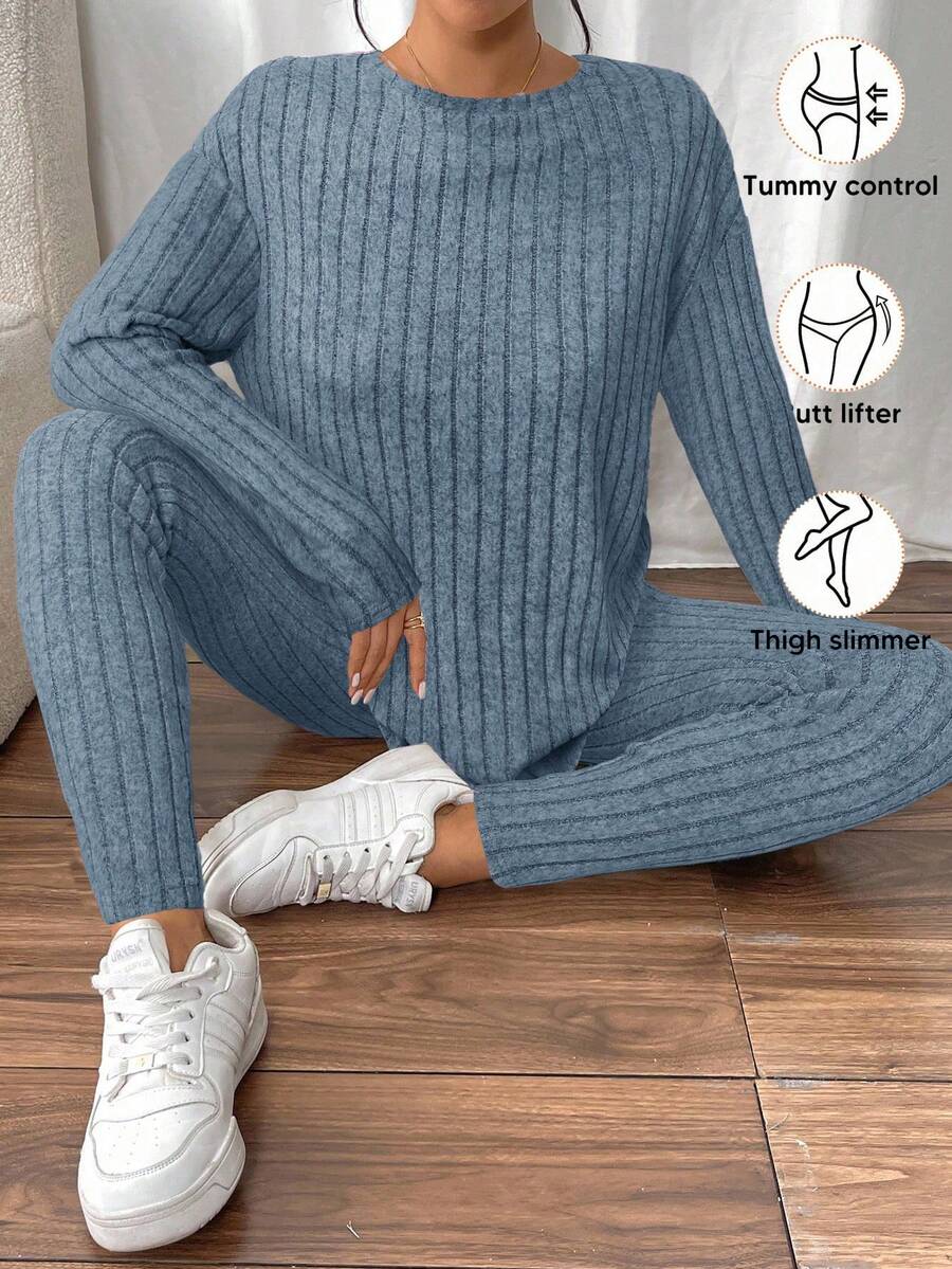 conjunto feminino canelado azul acizentado  2 peças manga longa e calça