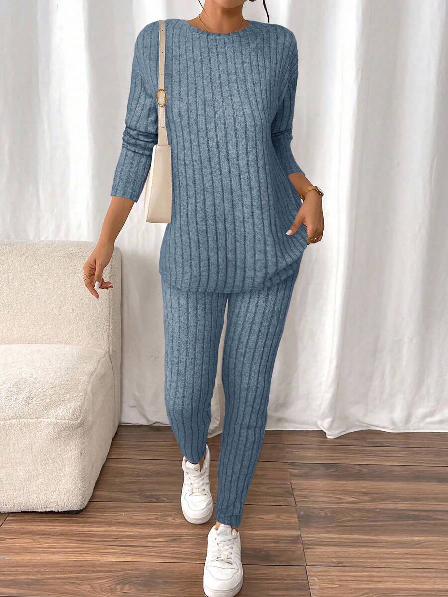 conjunto feminino canelado azul acizentado  2 peças manga longa e calça