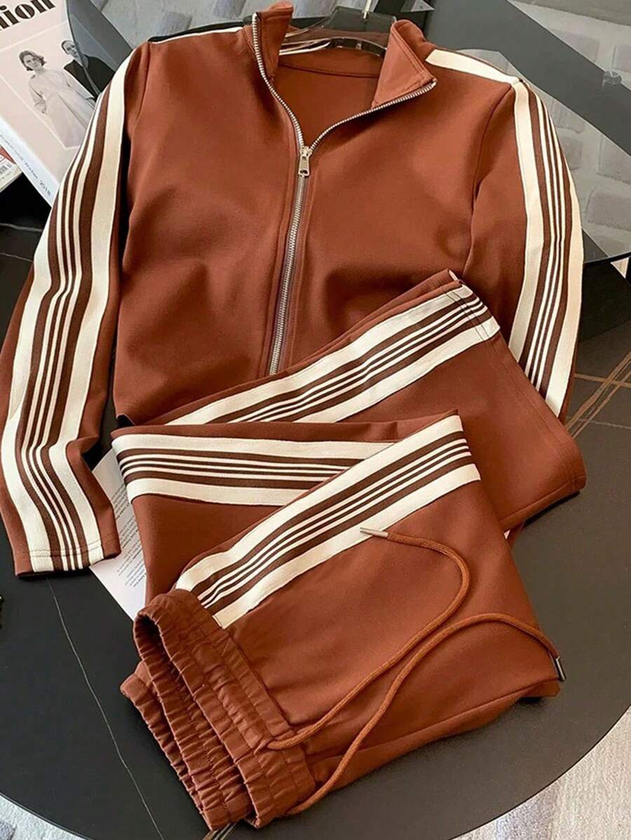 conjunto feminino  casual sofisticado na cor castanho com jaqueta zíper