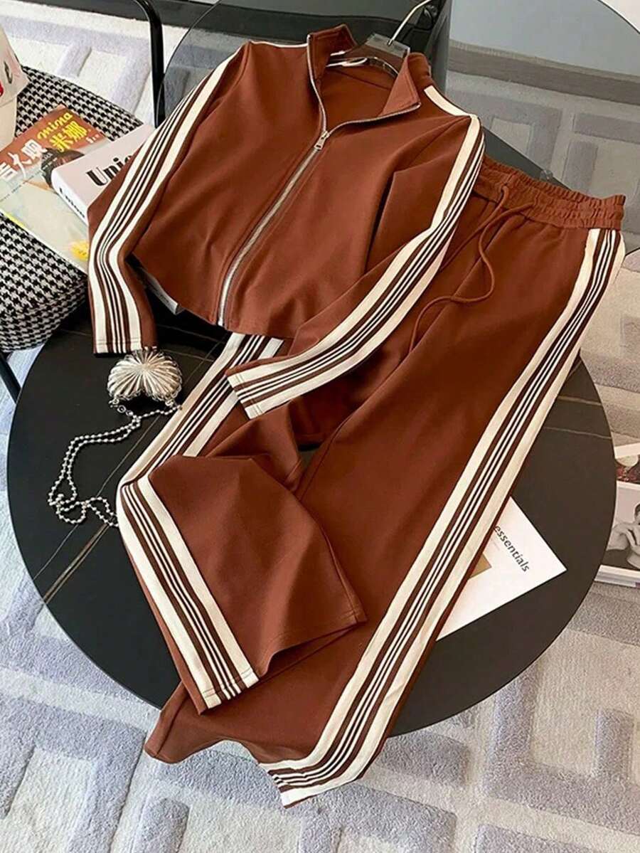 conjunto feminino  casual sofisticado na cor castanho com jaqueta zíper