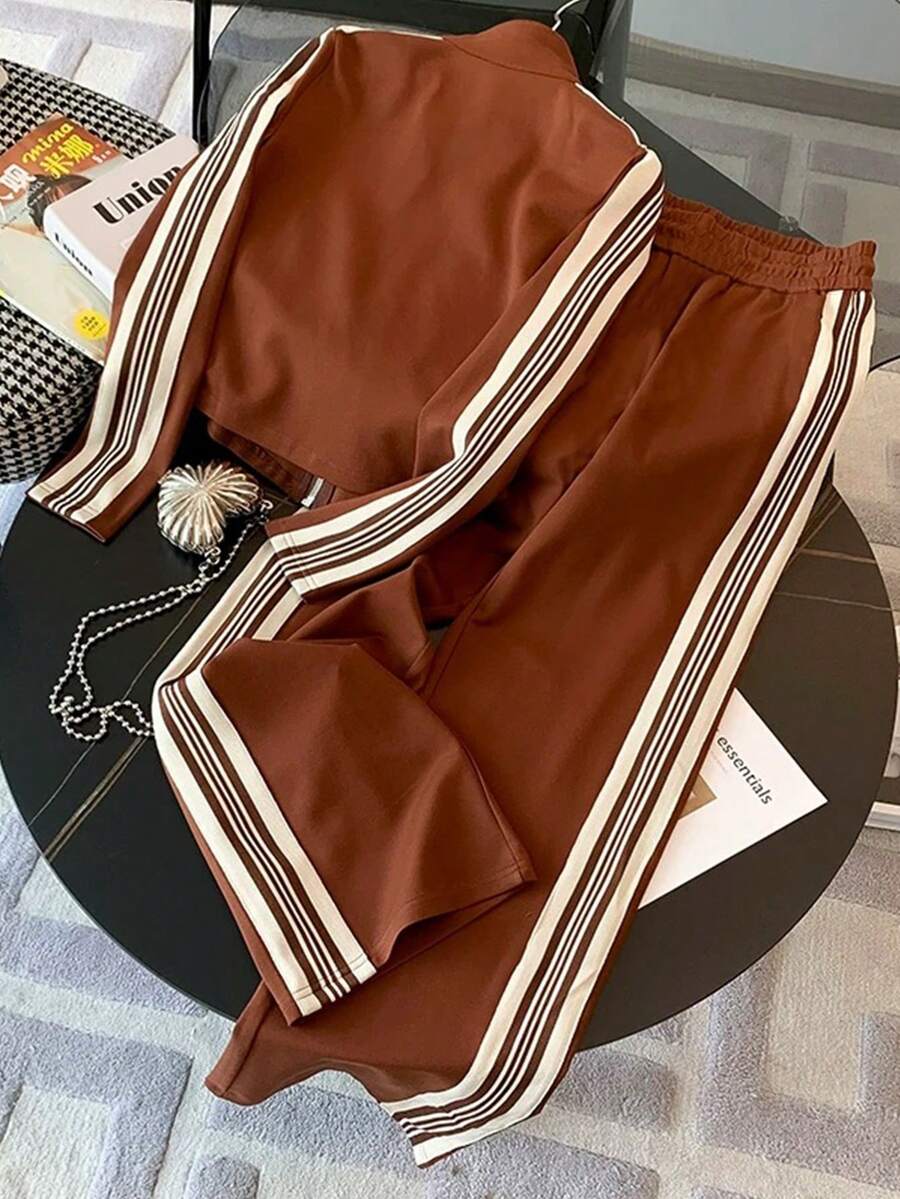 conjunto feminino  casual sofisticado na cor castanho com jaqueta zíper