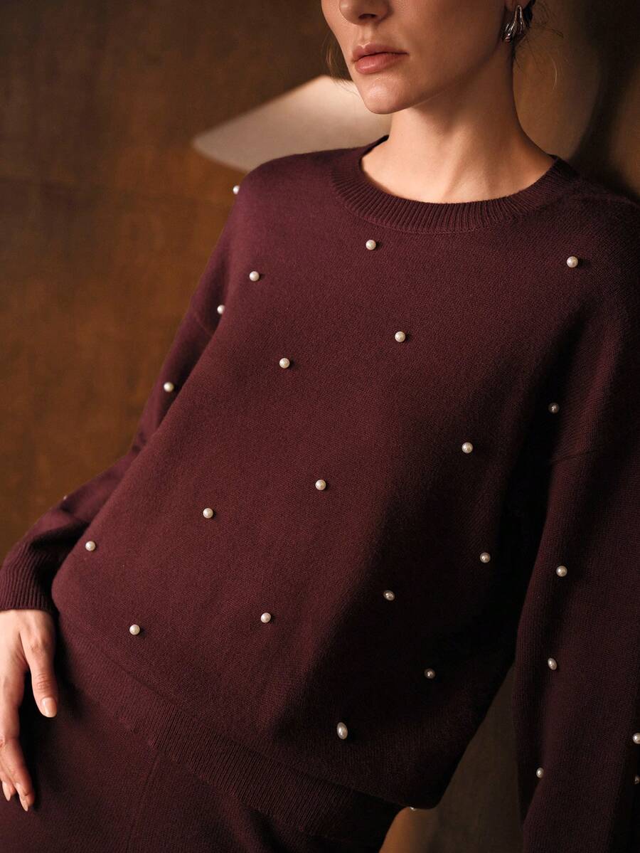 conjunto feminino confortável com aplicação de pérolas e calça ampla