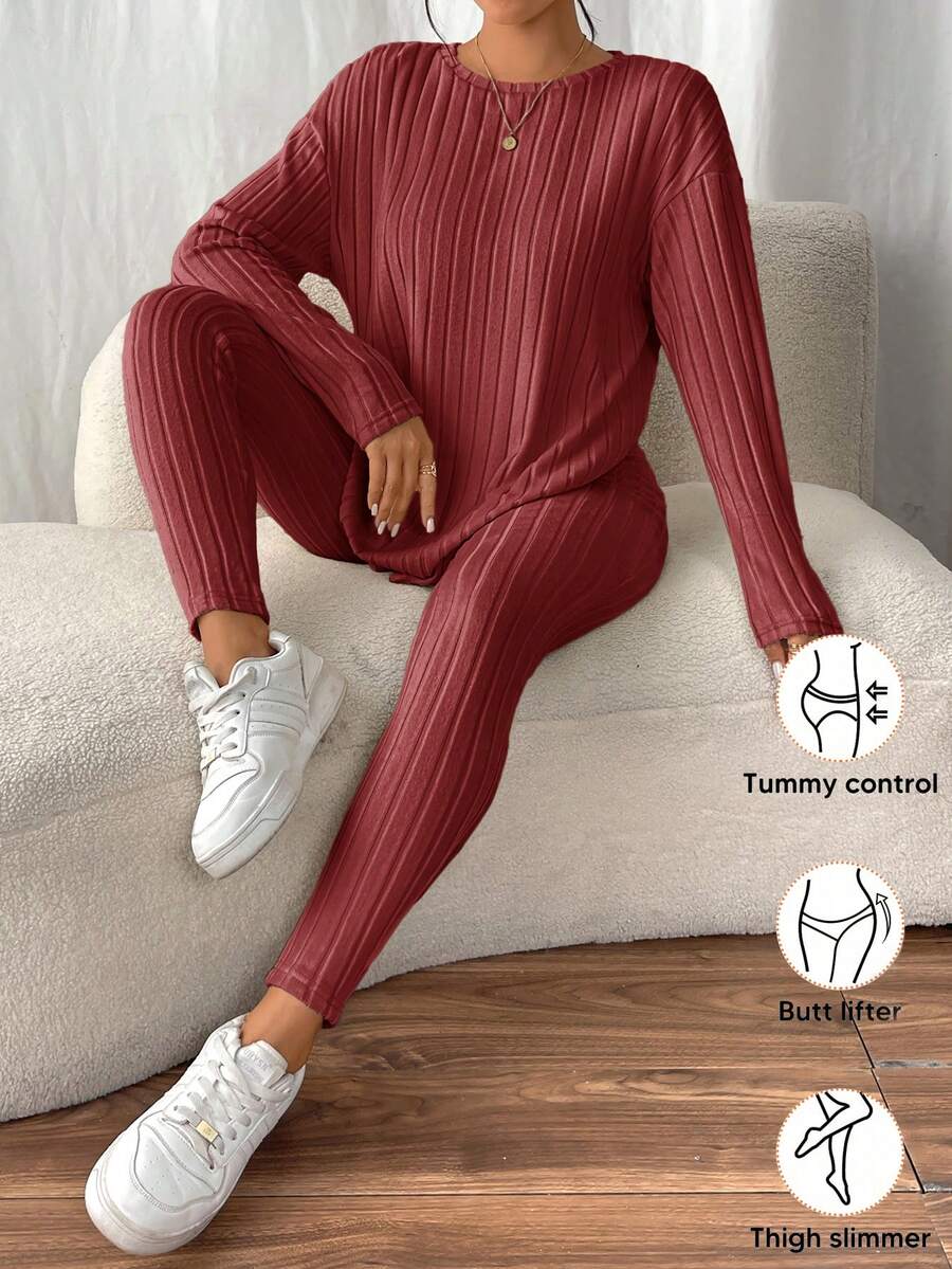 conjunto feminino cor melancia básico elegante tecido texturizado canelado
