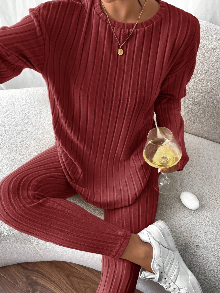 conjunto feminino cor melancia básico elegante tecido texturizado canelado