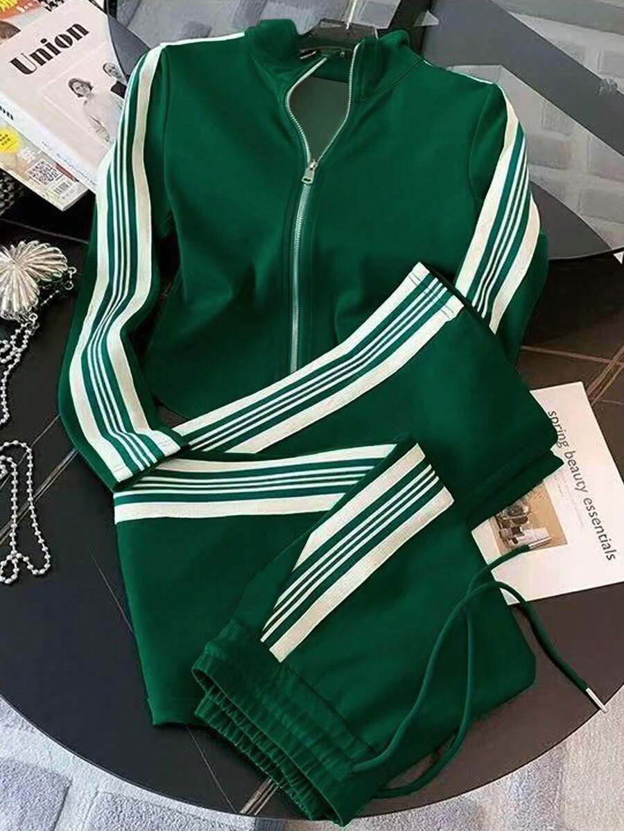 conjunto feminino esportivo chic verde com jaqueta e calça pantalona