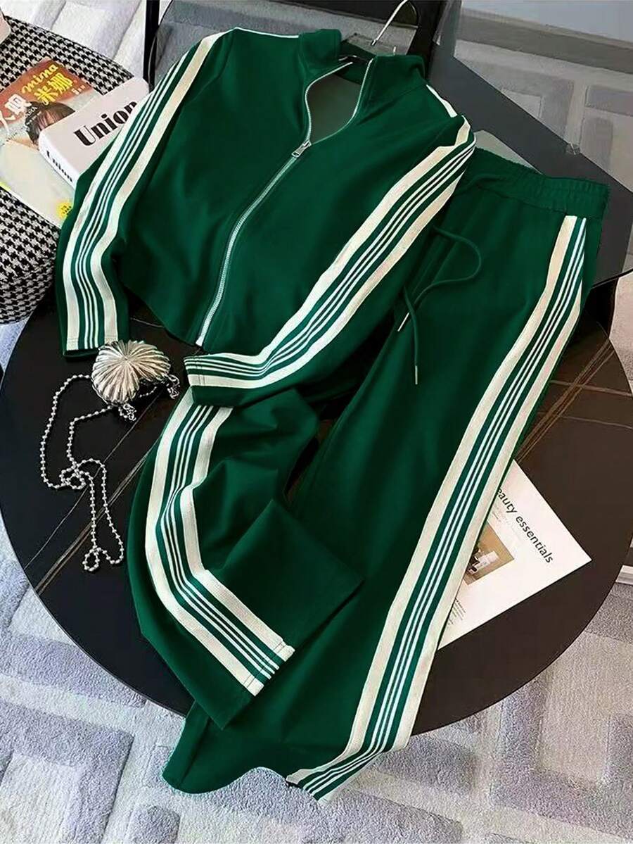conjunto feminino esportivo chic verde com jaqueta e calça pantalona