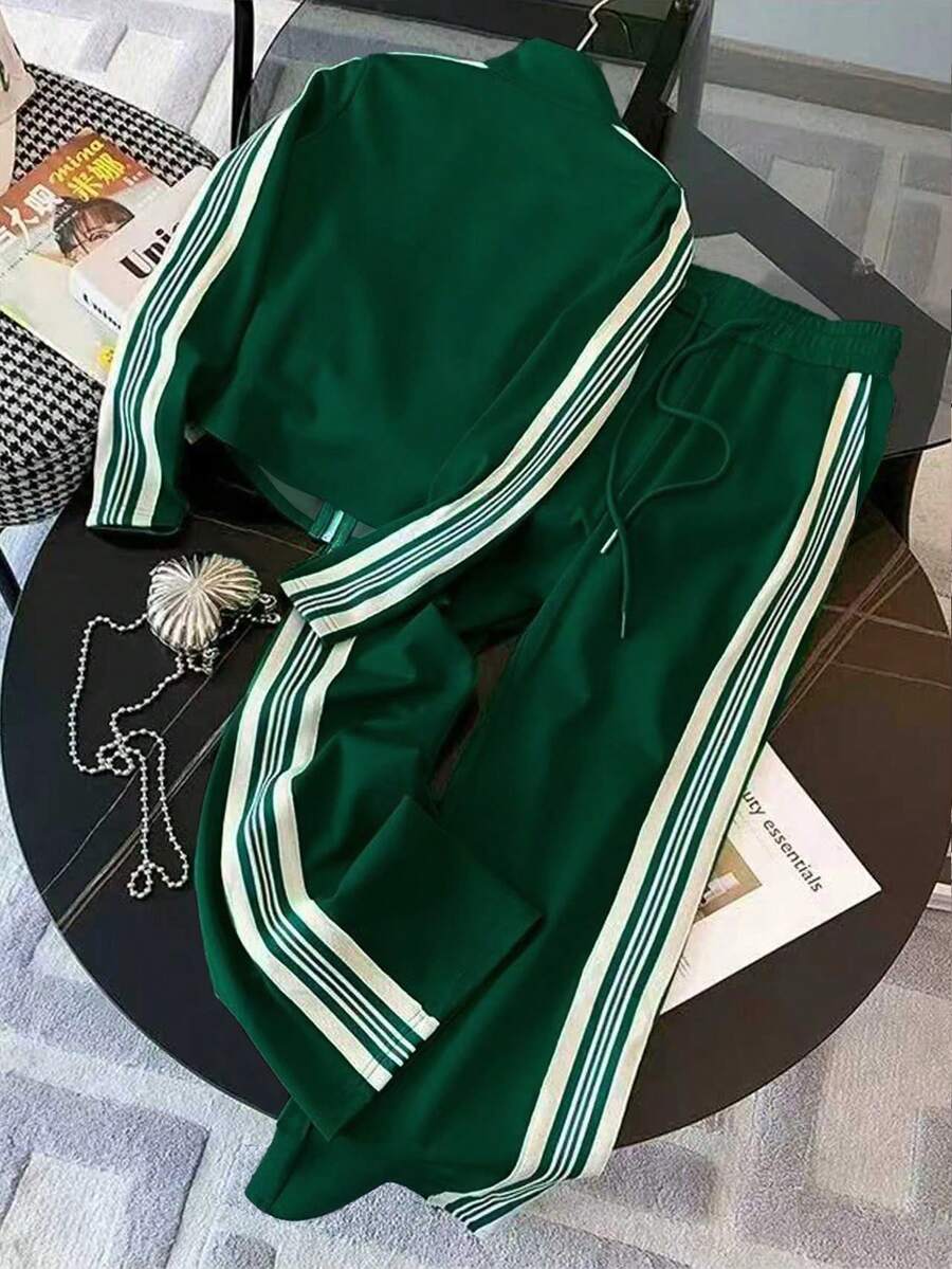 conjunto feminino esportivo chic verde com jaqueta e calça pantalona