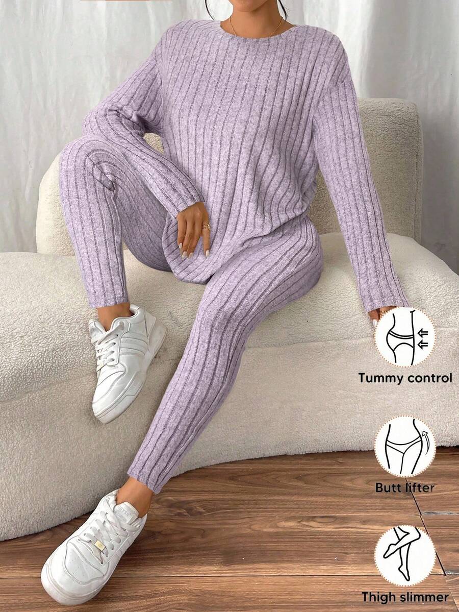 conjunto feminino lilás  confortável canelado para dia a dia