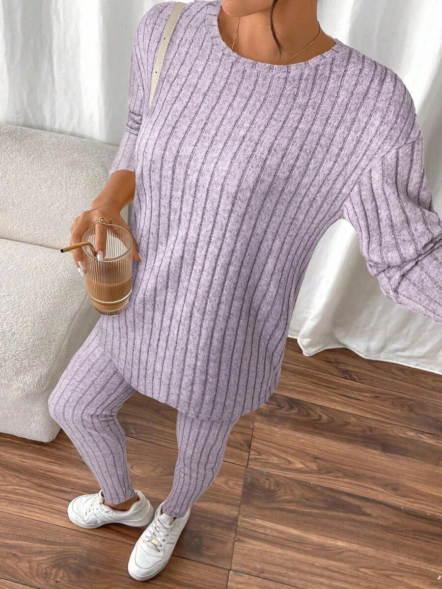 conjunto feminino lilás  confortável canelado para dia a dia