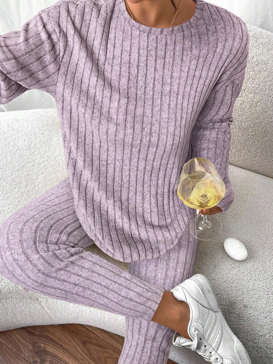 conjunto feminino lilás  confortável canelado para dia a dia