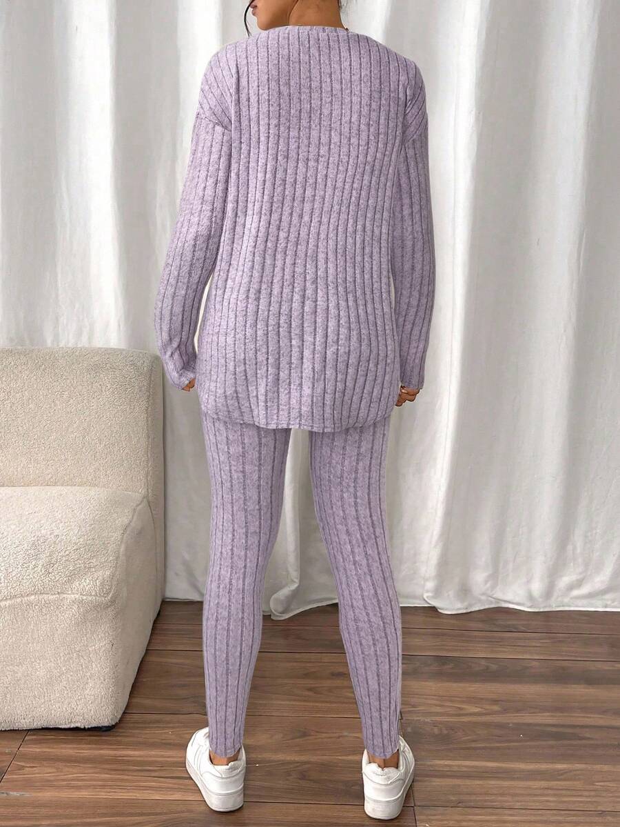 conjunto feminino lilás  confortável canelado para dia a dia