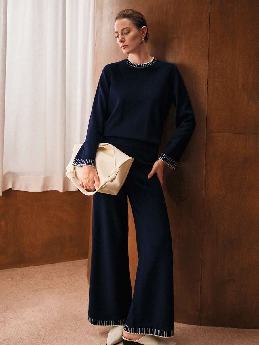 conjunto feminino malha elegante minimalista azul marinho inverno