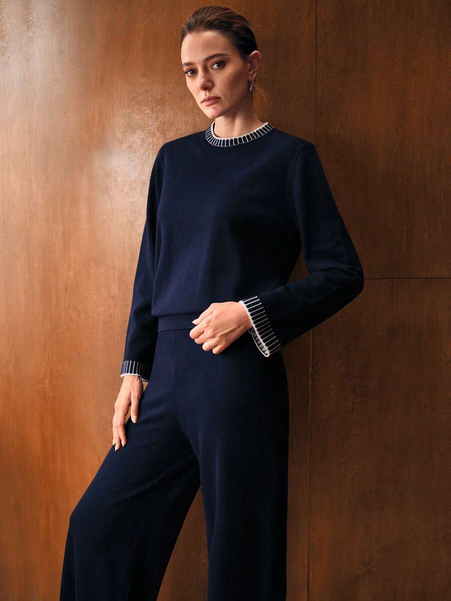 conjunto feminino malha elegante minimalista azul marinho inverno