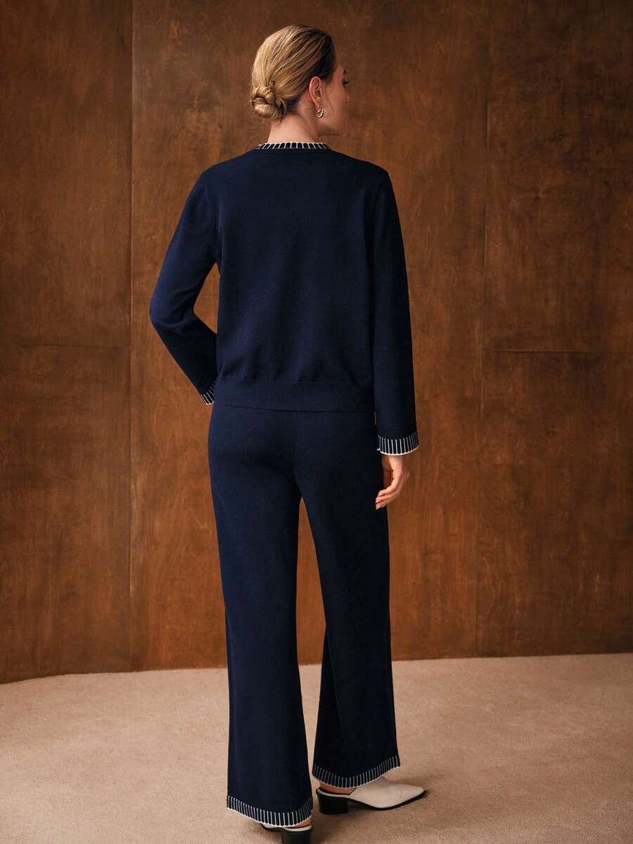 conjunto feminino malha elegante minimalista azul marinho inverno