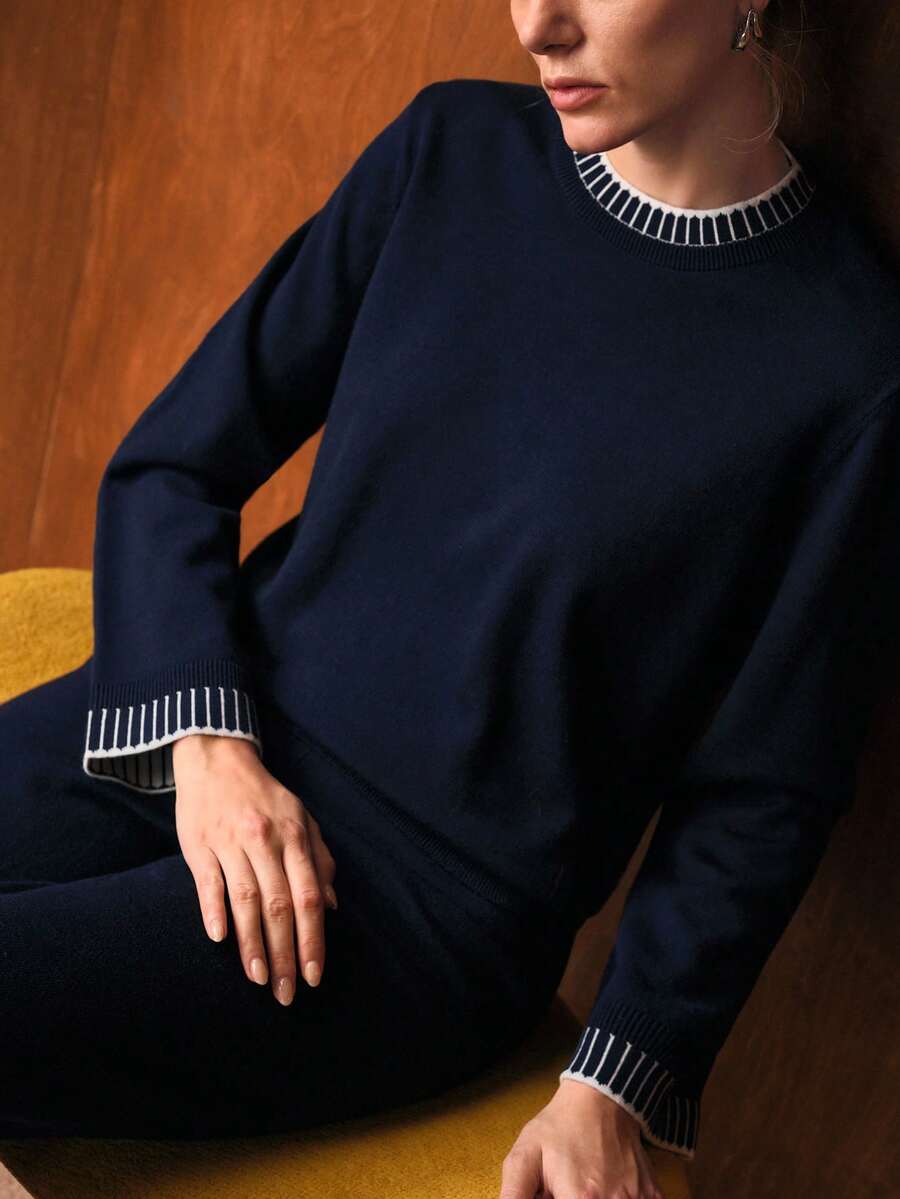 conjunto feminino malha elegante minimalista azul marinho inverno