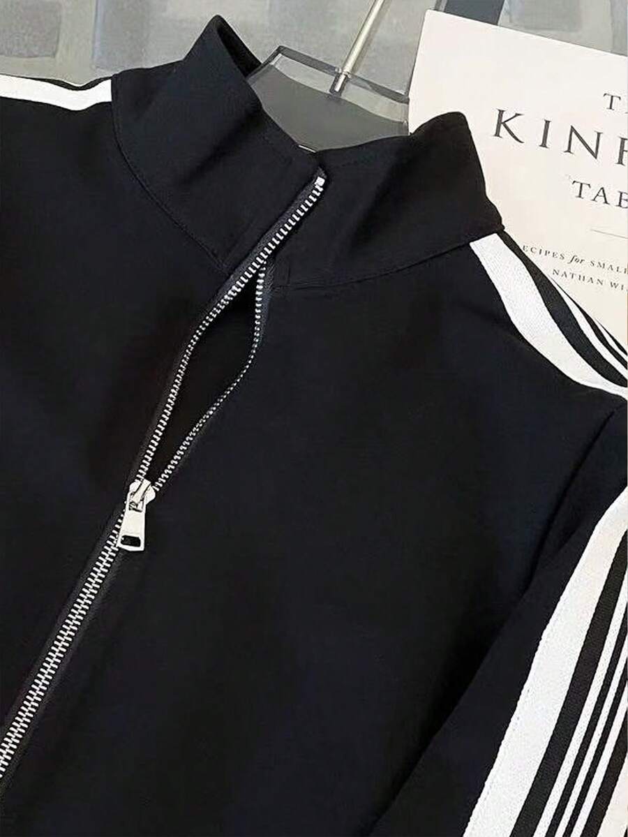 conjunto feminino na cor preta com listas brancas urbano moderno com calça pantalona