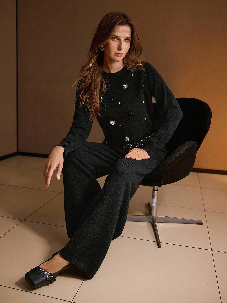 conjunto feminino tricô premium com aplicações elegantes inverno