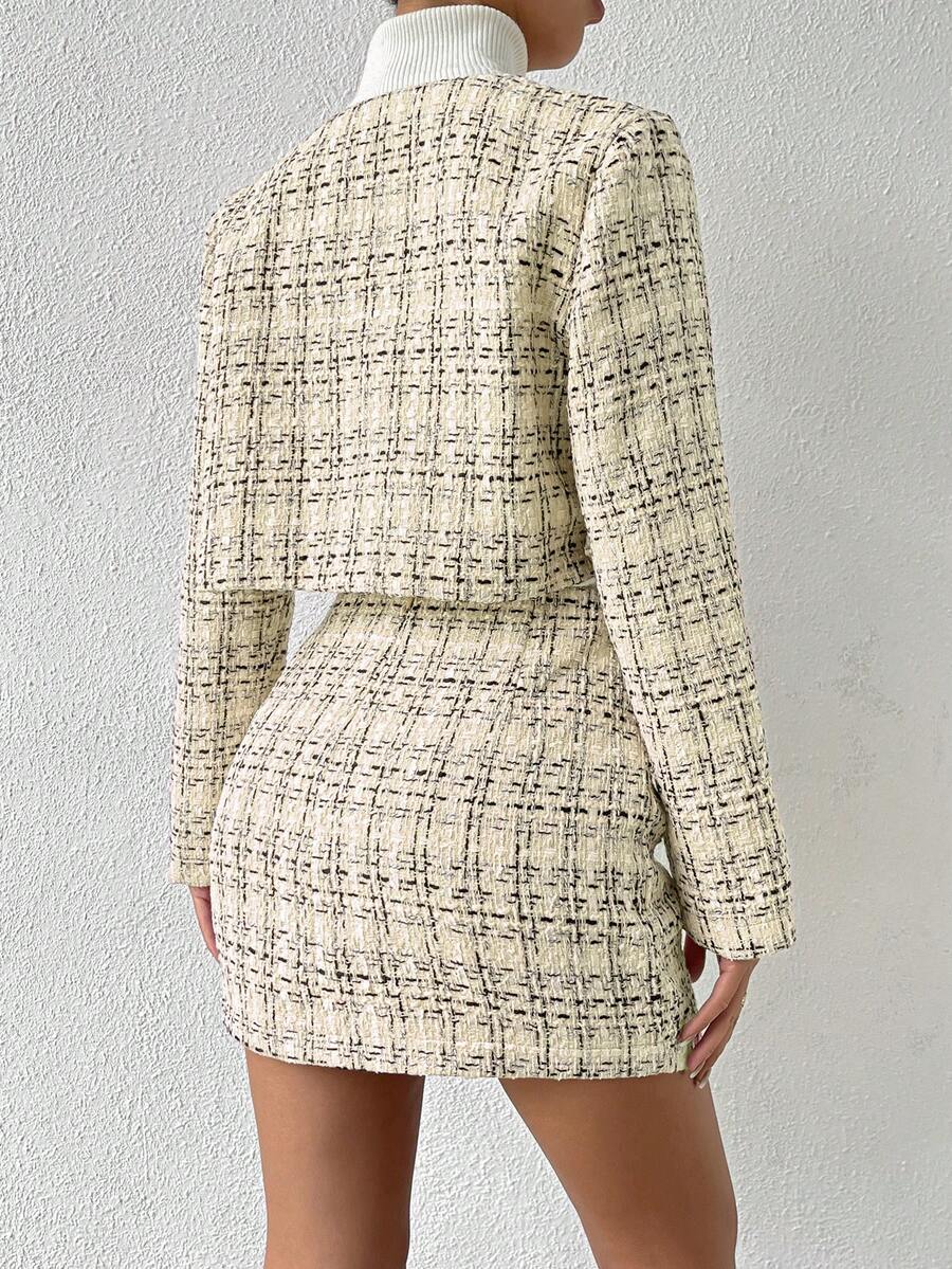 conjunto feminino tweed boutique sofisticado com estampa xadrez