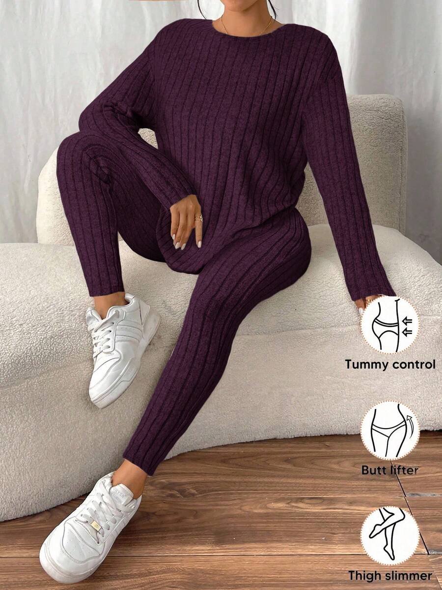 conjunto feminino violeta  moderno com blusa manga longa e calça