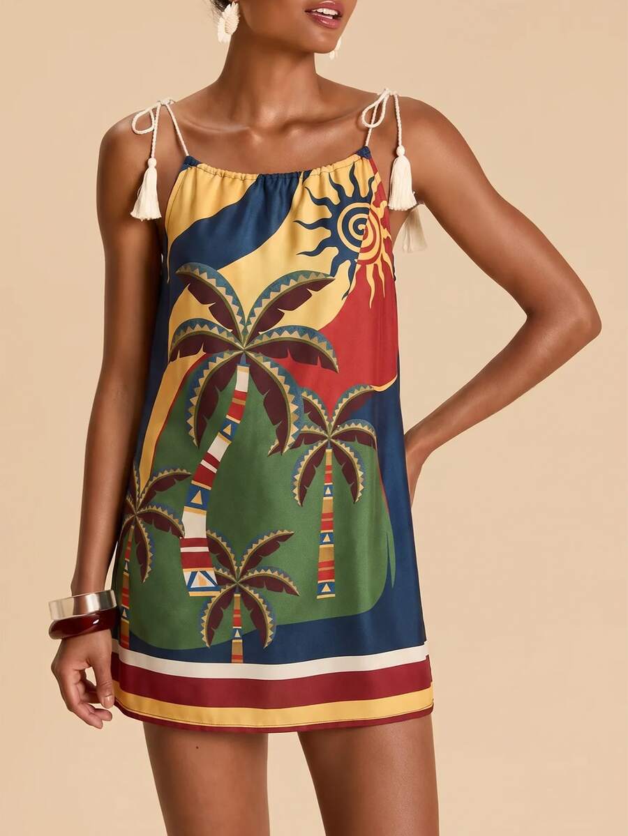 Vestido de Praia Feminino - Estampa de Palmeira e Detalhe de Nó