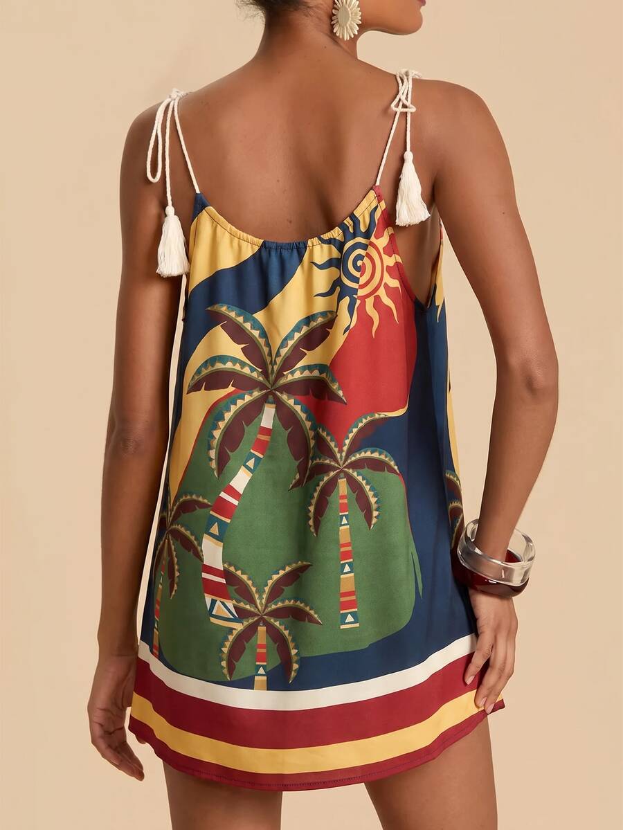 Vestido de Praia Feminino - Estampa de Palmeira e Detalhe de Nó