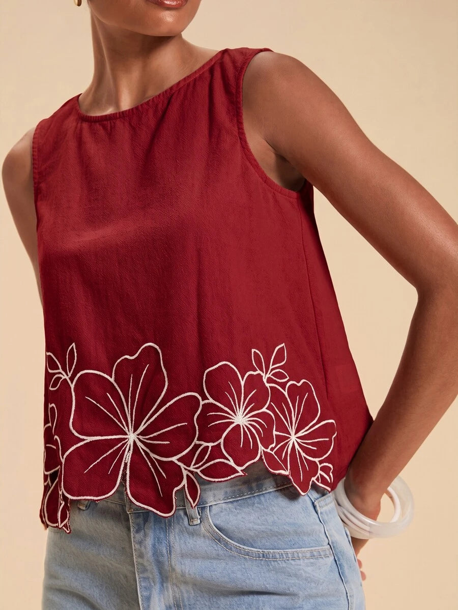 Blusa Feminina em Algodão com Bordado Floral Vazado – P ao GG - Cores Borgonha e Castanho