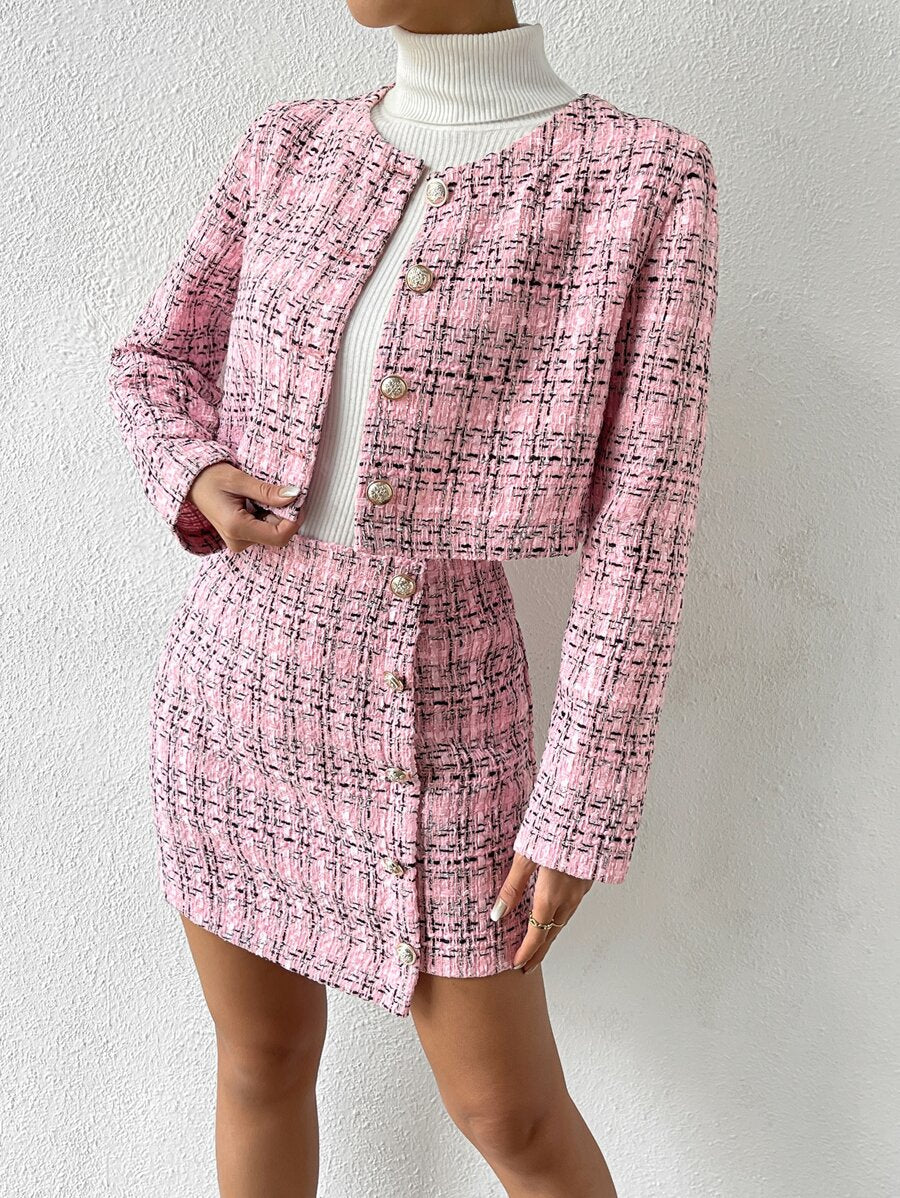 look feminino elegante tweed xadrez estilo europeu outono inverno
