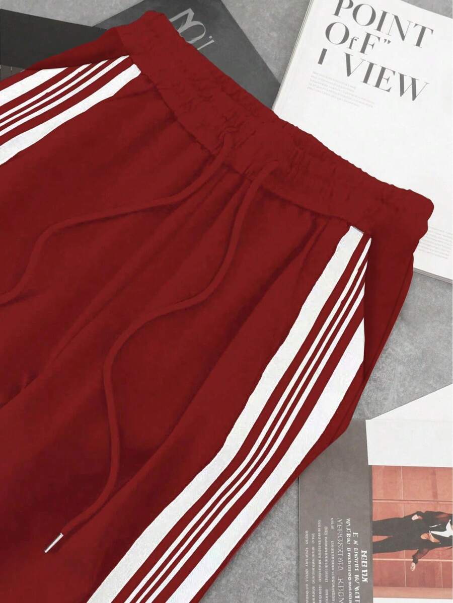 look feminino moderno conjunto vinho com listras laterais